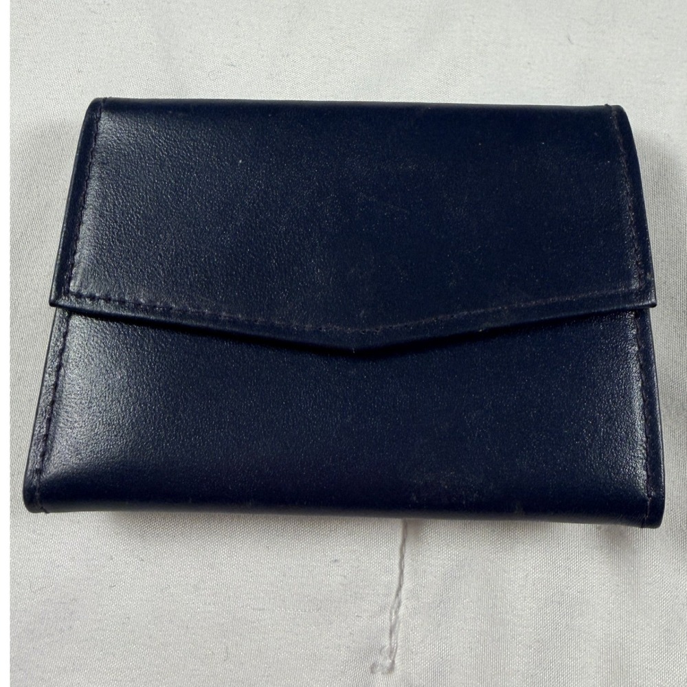 Vintage Navy Blue Cowhide Leather Trifold Wallet Kiss Lock Coin Pouch Gold Tone‎
